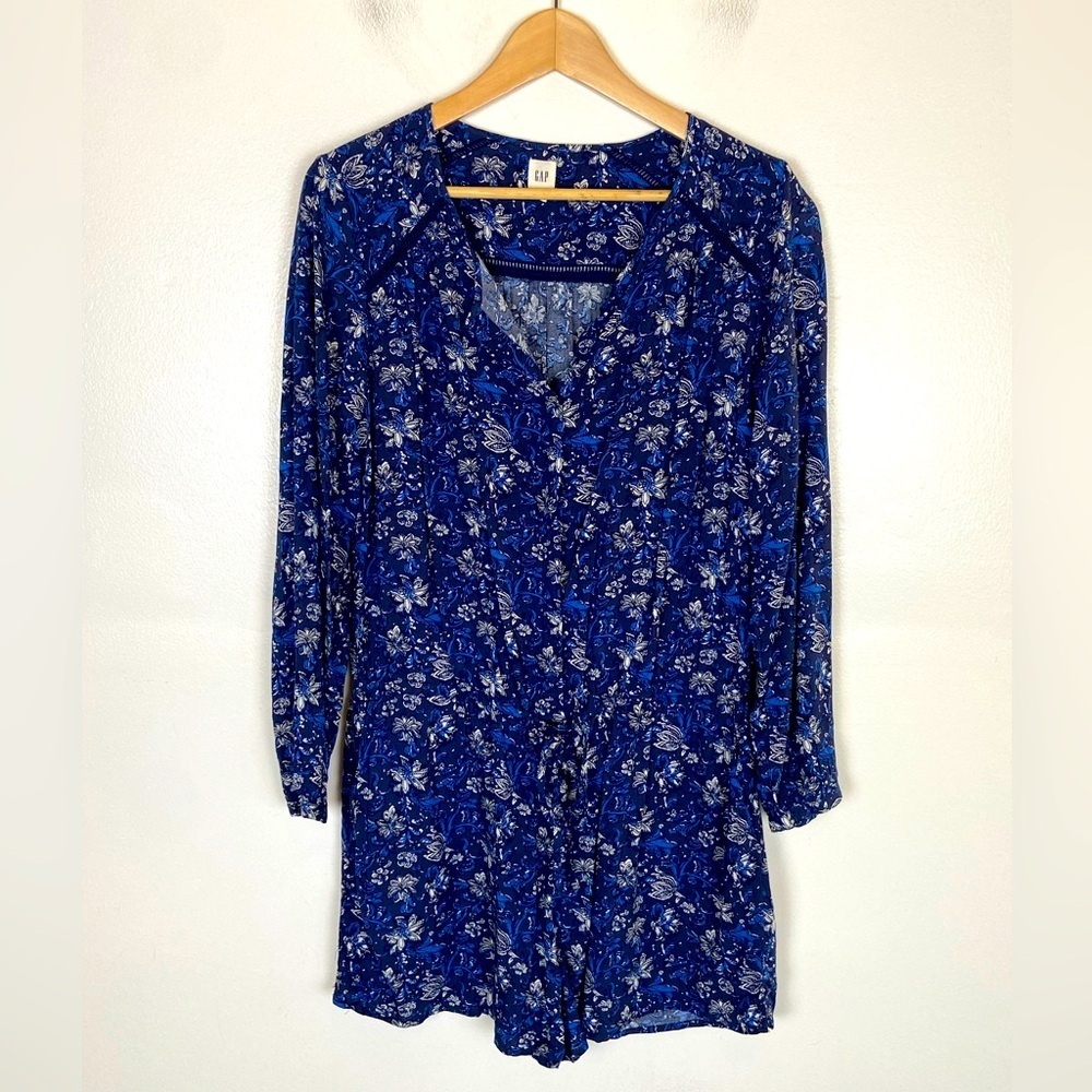 Gap Women's Boho Floral Romper Size S Blue 3/4 Sleeves Drawstring Side Pockets